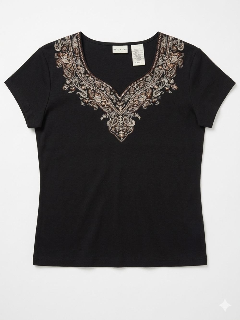 White Stag Black Short Sleeve Top with Metallic Paisley Embroidery